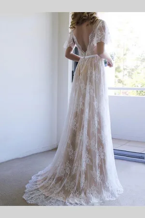 milanoo.com Abito da Sposa Semplice 2025 Scollo a V Una Linea Manica Corta Profonda Scollo a V Abiti da Sposa in Pizzo