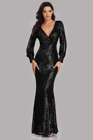 milanoo.com Abiti da festa con paillettes Abito lungo da ballo di compleanno a maniche lunghe con scollo a V