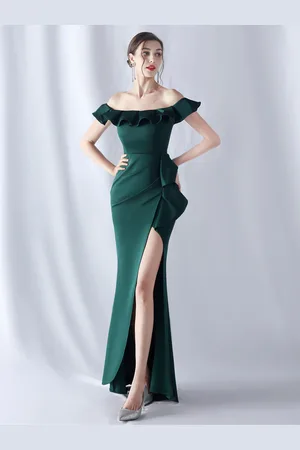 milanoo.com Abito da festa con spalle scoperte elegante volant spacco alto sexy abito lungo