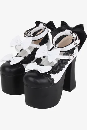 milanoo.com Sandali Sweet Lolita Fiocchi Punta tonda Fiocco Scarpe estive Lolita nere in pelle PU