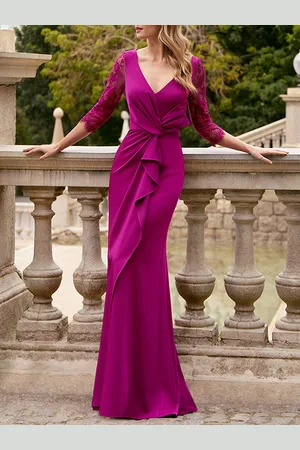 milanoo.com Abito da festa per la madre della sposa Scollo a V maniche a 3/4 Pieghe lunghe fino al pavimento Abiti da cerimonia nuziale a sirena