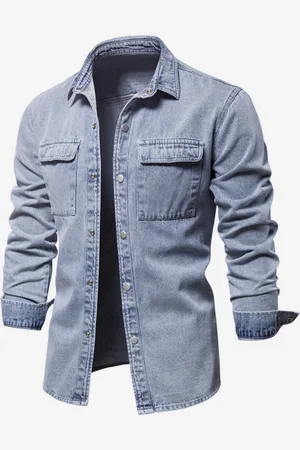 milanoo.com Camicia in denim da uomo camicia casual con risvolto e tasche
