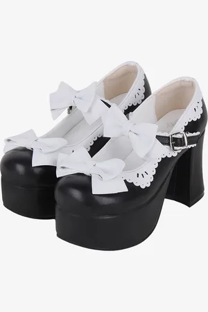 milanoo.com Sandali Sweet Lolita Fiocchi Punta tonda Fiocco Scarpe estive Lolita nere in pelle PU