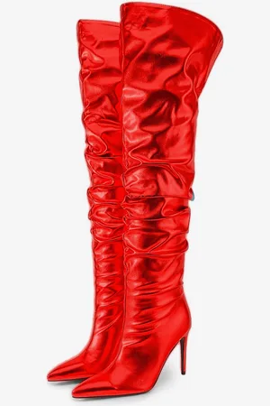 milanoo.com Stivali sopra il ginocchio Stivali alti fino alla coscia da donna rossi metallizzati
