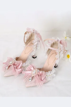milanoo.com Sandali Sweet Lolita Fiocchi Ruffles Strass Punta a punta Fiocco Tessuto elastico Scarpe estive Lolita