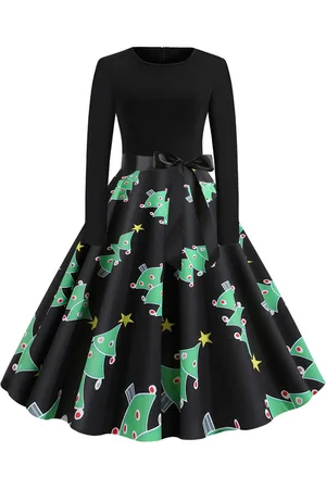 milanoo.com Vestiti Anni 50 con motivo natalizio Abiti donna maniche lunghe abiti anni 50 con scollo tondo di poliestere Autunno di retro