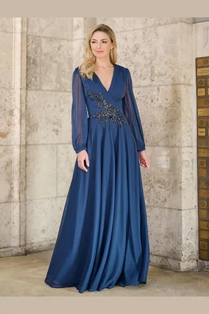 milanoo.com Abito da sposa con scollo a V maniche lunghe linea ad A applicazioni e lunghezza al pavimento per invitati