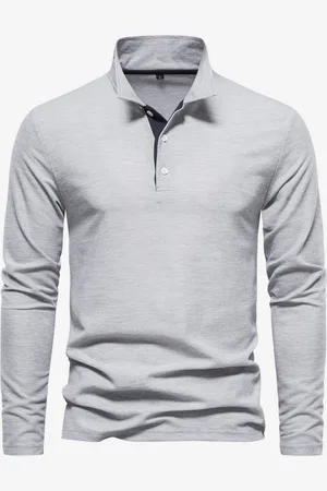 milanoo.com Polo da uomo con colletto rovesciato maniche lunghe logo vestibilità regolare grigio alla moda