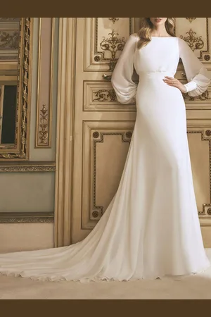 milanoo.com Abito da sposa stile sirena boho con strascico maniche lunghe linea ad A scollo a V senza schienale personalizzazione gratuita