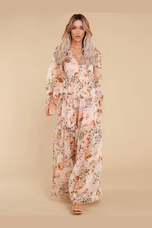 milanoo.com Abito lungo con scollo a V maniche lunghe casual con stampa floreale lungo stile folkloristico