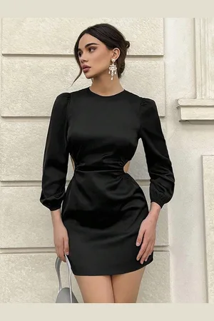 milanoo.com Abiti aderenti Abito tubino aderente con collo gioiello chic a maniche lunghe nere