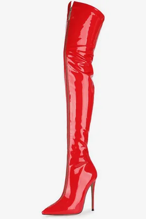 milanoo.com Stivali sopra il ginocchio Stivali alti alla coscia con tacco alto in pelle rossa con zip a punta rossa
