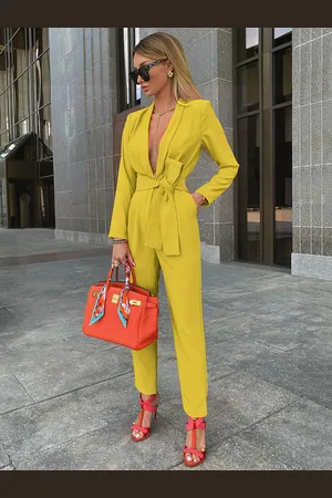 milanoo.com Tuta da donna Tuta estiva rossa con scollo a V maniche lunghe Pantaloni dritti in poliestere