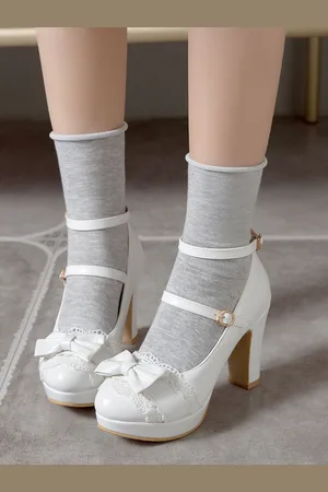 milanoo.com Scarpe Lolita Sweet Lolita con fiocco in pizzo con plateau in pelle con tacco grosso