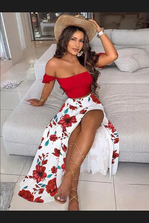 milanoo.com Set di due pezzi per le donne giallo poliestere diviso anteriore pieghettato stampa floreale peacock maniche corte in maniche corte fuori dalla spalla backless sexy gilet gonna lunga vestito