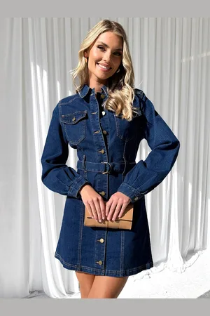 milanoo.com Abito in denim con bottoni cintura maniche lunghe tasche mini abiti casual