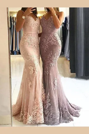 milanoo.com Abito da sera sirena con scollo a V in tessuto di raso applique abiti da festa formale con treno