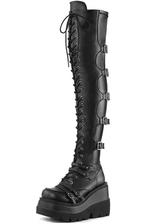 milanoo.com Stivali Lolita gotici in pelle PU Occhielli metallici Stringati Punta tonda Calzature Lolita nere alte al ginocchio