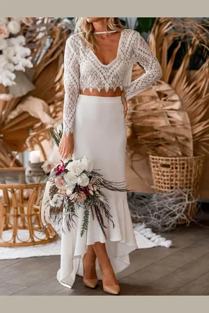 milanoo.com Abito da sposa in due pezzi color con scollo a V in pizzo a sirena e maniche lunghe set da sposa personalizzazione gratuita