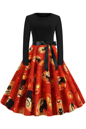 milanoo.com Vestiti Anni 50 con motivo natalizio Abiti donna maniche lunghe abiti anni 50 con scollo tondo di poliestere Autunno di retro