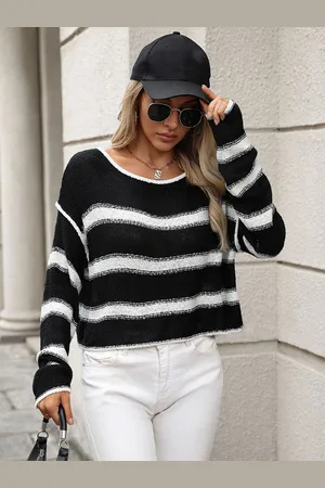 milanoo.com Maglioni da donna neri bicolore con scollo a gioiello e maniche lunghe maglioni oversize in poliestere