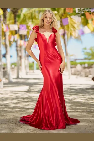 milanoo.com Abito da ballo a sirena con scollo a V e strascico senza maniche fiori senza schienale abiti da cerimonia formali in raso di seta elastica