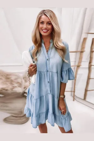 milanoo.com Abiti a trapezio Abito a tubino da donna a strati in denim con colletto rovesciato