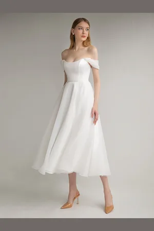 milanoo.com Abito da sposa corto con collo gioiello senza maniche a trapezio e lunghezza tè
