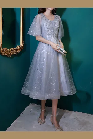 milanoo.com Con abito da cocktail Grazioso pizzo con scollo a V a trapezio lungo il tè