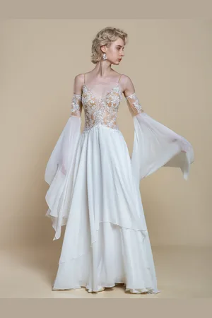 milanoo.com Abito da sposa boho in pizzo di poliestere linea ad A con strascico vita naturale spalline sottili cerniera maniche lunghe scollatura disegnata avorio