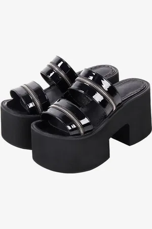 milanoo.com Sandali Gothic Lolita Punta tonda Tomaia in PU verniciata Scarpe estive Lolita nere