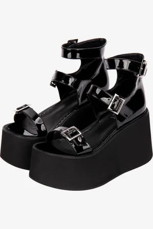 milanoo.com Sandali Gothic Lolita Punta tonda Tomaia in PU verniciata Scarpe estive Lolita nere