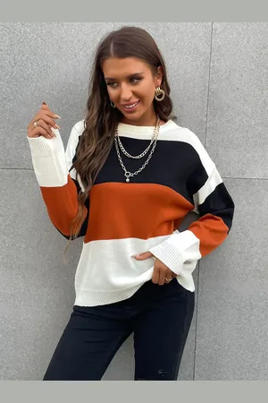 milanoo.com Maglione pullover da donna Maglioni in poliestere elasticizzato a maniche lunghe con collo gioiello color block