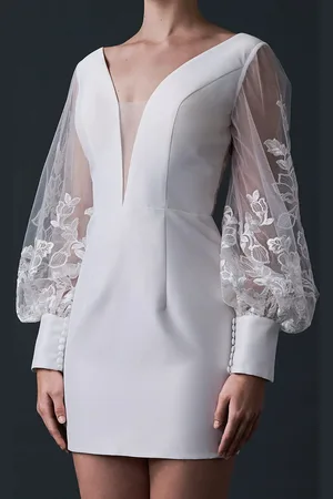 milanoo.com Abito da sposa corto scollo a V maniche lunghe corto corto abito da sposa corto
