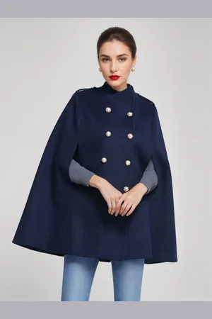 milanoo.com Cappotto in lana a mantella per donna con collo alto blu navy scuro doppiopetto poncho invernale capospalla 2025