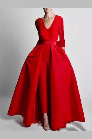 milanoo.com Abiti da Sera con scollo a V svasata Zip a terra maniche lunghe Rosso Abiti per occasione