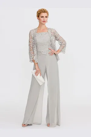 milanoo.com Abiti da sposa per la madre della sposa scollo a barca maniche lunghe linea ad A in pizzo grigio chiaro pantaloni da ospite con fascia tre pezzi per matrimonio personalizzazione gratuita