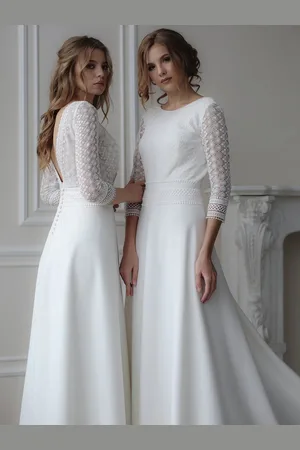 milanoo.com Abito da sposa Boho Pizzo Pizzo A-Line con strascico Vita naturale Mezze maniche senza schienale Gioiello Collo