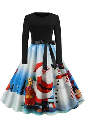 milanoo.com Vestiti Anni 50 donna Celeste con motivo natalizio cerniera di poliestere maniche lunghe con scollo tondo lungo fino al ginocchio