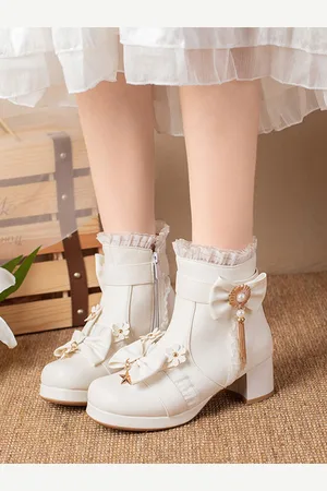 milanoo.com Sweet Lolita Boots PU Leather Ruffles Fiocchi Punta tonda Calzature Lolita nere