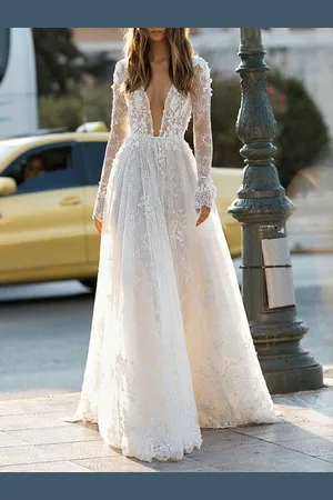 milanoo.com Abiti da Sposa Boho Chic di pizzo svasata con scollo a V maniche lunghe di Spalle nude Abiti da sposa