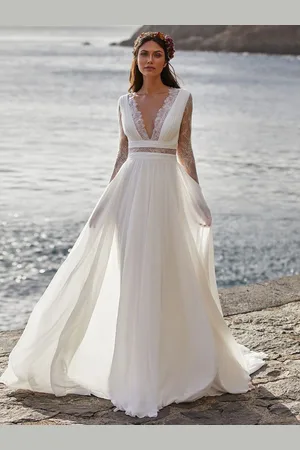 milanoo.com Abito da sposa boho in pizzo a trapezio con maniche lunghe e scollo a V personalizzazione gratuita