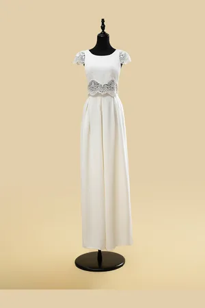 milanoo.com Abito da sposa in due pezzi con pizzo scollo a gioiello due pezzi lunghezza al pavimento cerniera maniche corte lunghezza al pavimento avorio
