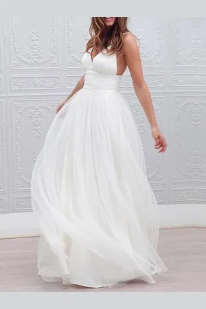 milanoo.com Semplici Abiti da Sposa 2025 Una Linea di Scollo a V Senza Spalline in Tulle Abito da Sposa da Sposa in Spiaggia