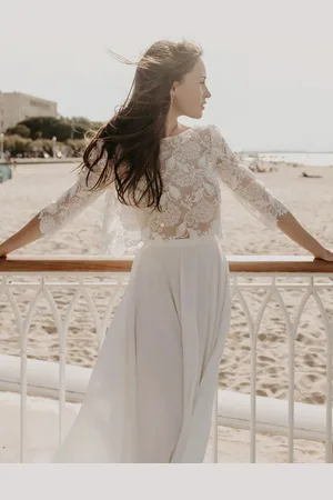 milanoo.com Abito da sposa in due pezzi Abiti da Sposa Boho Chic svasata di Spalle nude semplice Abiti da sposa