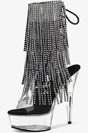 milanoo.com Stivali sexy con tacco alto punta aperta lacci strass tacco a spillo da pole dance stivali neri alti fino alla coscia stivali sopra il ginocchio