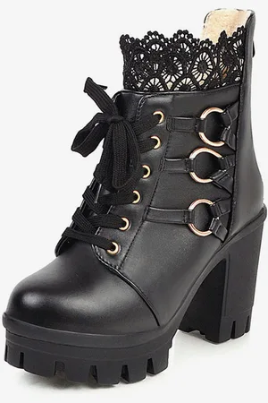 milanoo.com Sweet Lolita Boots Black Lace Punta tonda in pelle con tacco grosso Calzature Lolita