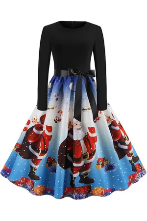 milanoo.com Vestiti Anni 50 con motivo natalizio Abiti donna maniche lunghe abiti anni 50 con scollo tondo di poliestere Autunno di retro