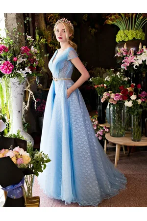 milanoo.com Abiti di lusso cerimonia con scollo a V maniche corte Mit Schleppe svasati a pieghi di Lacci 20cm in tulle su misura