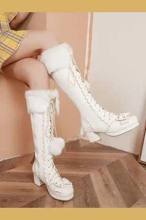 milanoo.com Sweet Lolita Boots Bow Pom Poms Calzature Lolita con lacci in pelliccia sintetica